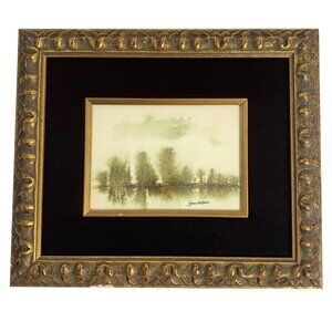VTG James B Moore Framed Watercolor Landscape Painting Ornate Velvet/Gold Frame